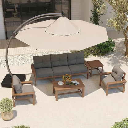 HDPE Outdoor Patio Furniture Set, 7-Piece Patio Conversation Sets with Coffee Table & Side Table & Grey Washable Thick Cushions, Outdoor Sofa for Balcony, Porch, Poolside (Teak Frame)