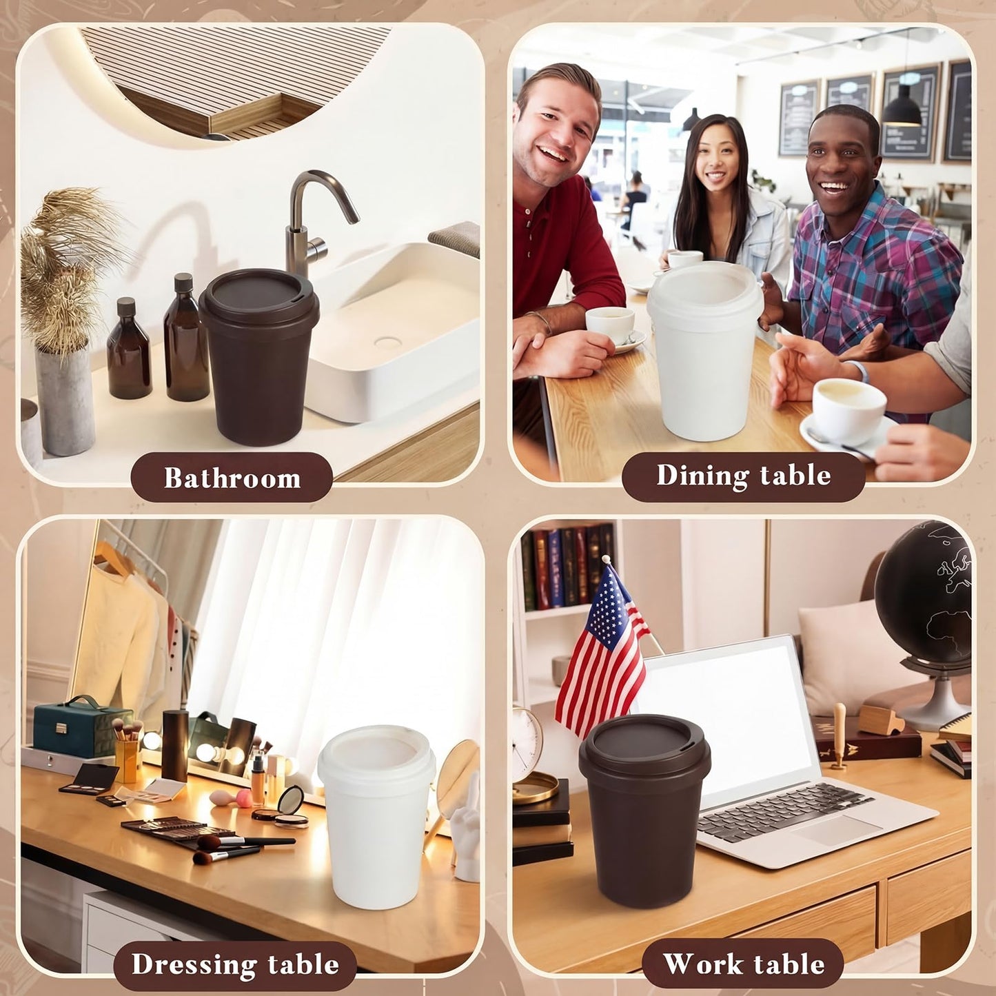 Xuhal 2 Pcs 0.9 Gallon Coffee Cup Desktop Trash Can with Swing Lid, Small Plastic Brown and White Waste Bin for Office Coffee Table, Mini Countertop Wastebasket for Desk Vanity Counter Tabletop