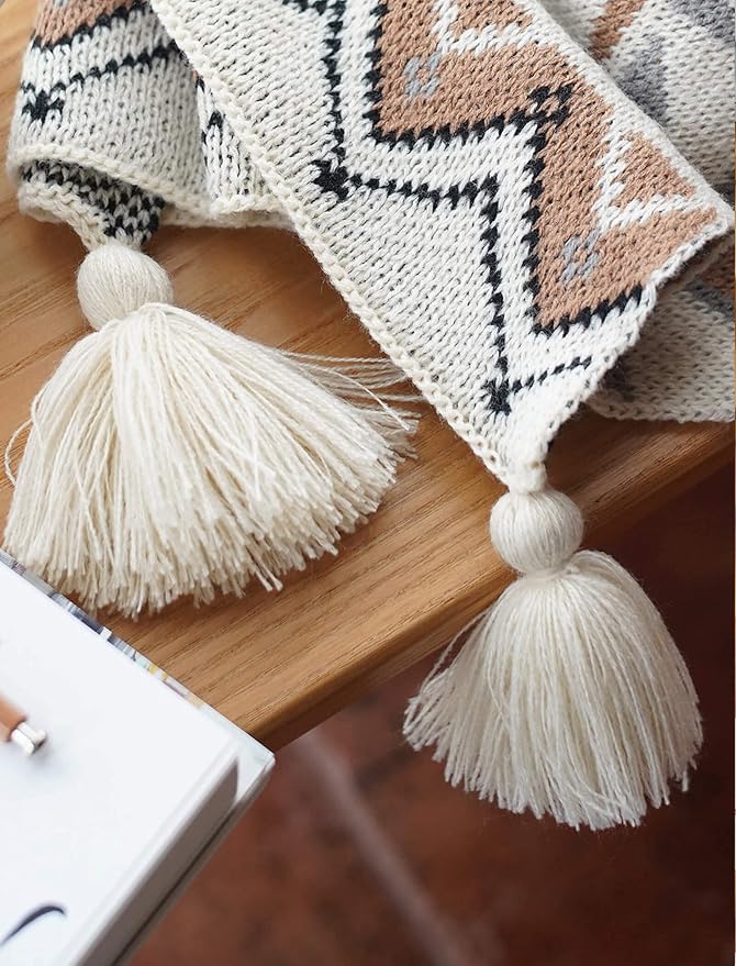 Boho Throw Blanket, Knitted Brown Tassel Throw Blankets, Soft Lightweight Vintage Tan Throw Blanket for Sofa Couch Bed and Living Room- All Seasons (50x60 Inch)
