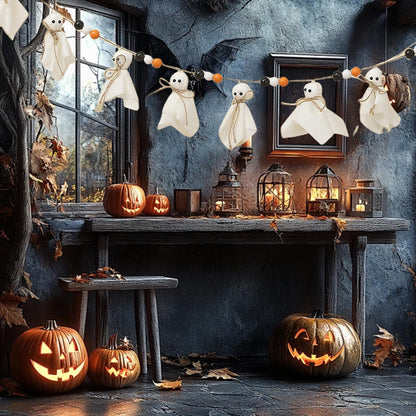 7Ft Halloween Banner Garland with Ghosts & Wooden Beads, Rustic Ghost Banner Hanging Ghost Garlands for Wall Home Indoor Outdoor Fall Decor Supplies(Black)