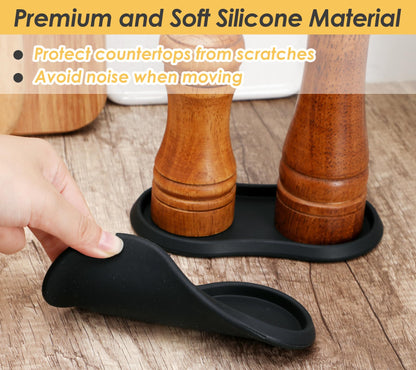 Koluti Salt and Pepper Mill Silicone Tray Set of 2, Kitchen Pepper Grinder Rest Seasoning Bottle Holder for Counter, Dining Table Protector and Rustic Small Board Decorative Serving Platter, Black