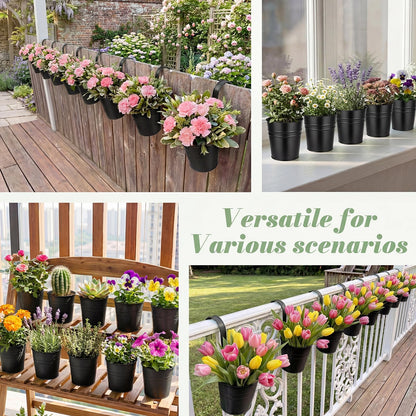 HowRU Hanging Flower Pots, Railing Planter Box for Outdoor Plants 12 Pack 5 Inch Metal Hanging Planters with Detachable Hooks Balcony Window Fence Garden Decoration Flower Boxes (Black)