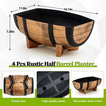 Set of 4 Whiskey Barrel Planters Half Barrel Planter with Removable Drain Screen Plant Flower Pot Weather Resistant Plastic Wine Planter Containers for Indoor Outdoor Garden, 16.14 x 11.8 x 7.28 Inch