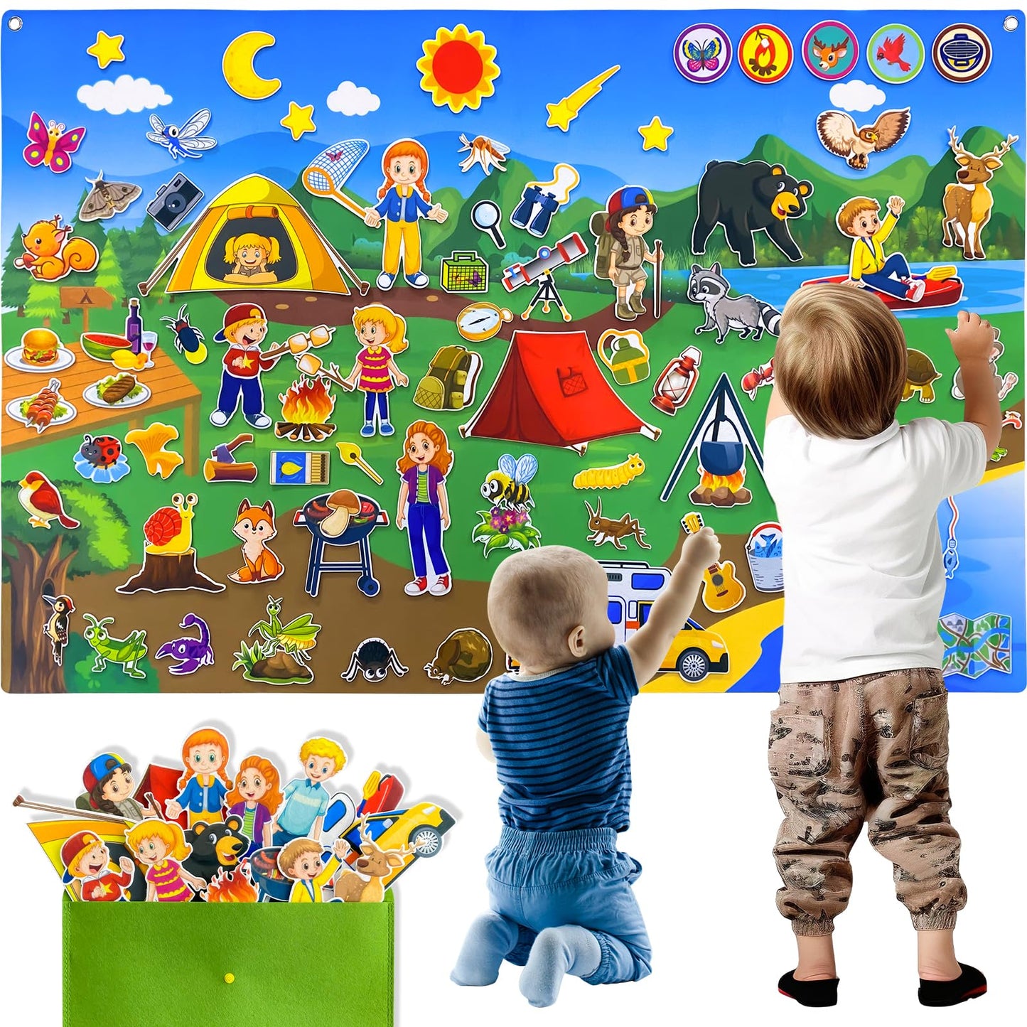 PENGFULL Camping Theme Felt Story Board Set,44 * 28in Flannel Board for Wall,65 Felt Pieces,Theme Story Preschool Storytelling,Learning Interactive,for 3 Years +,Gift for Toddlers Kids Children