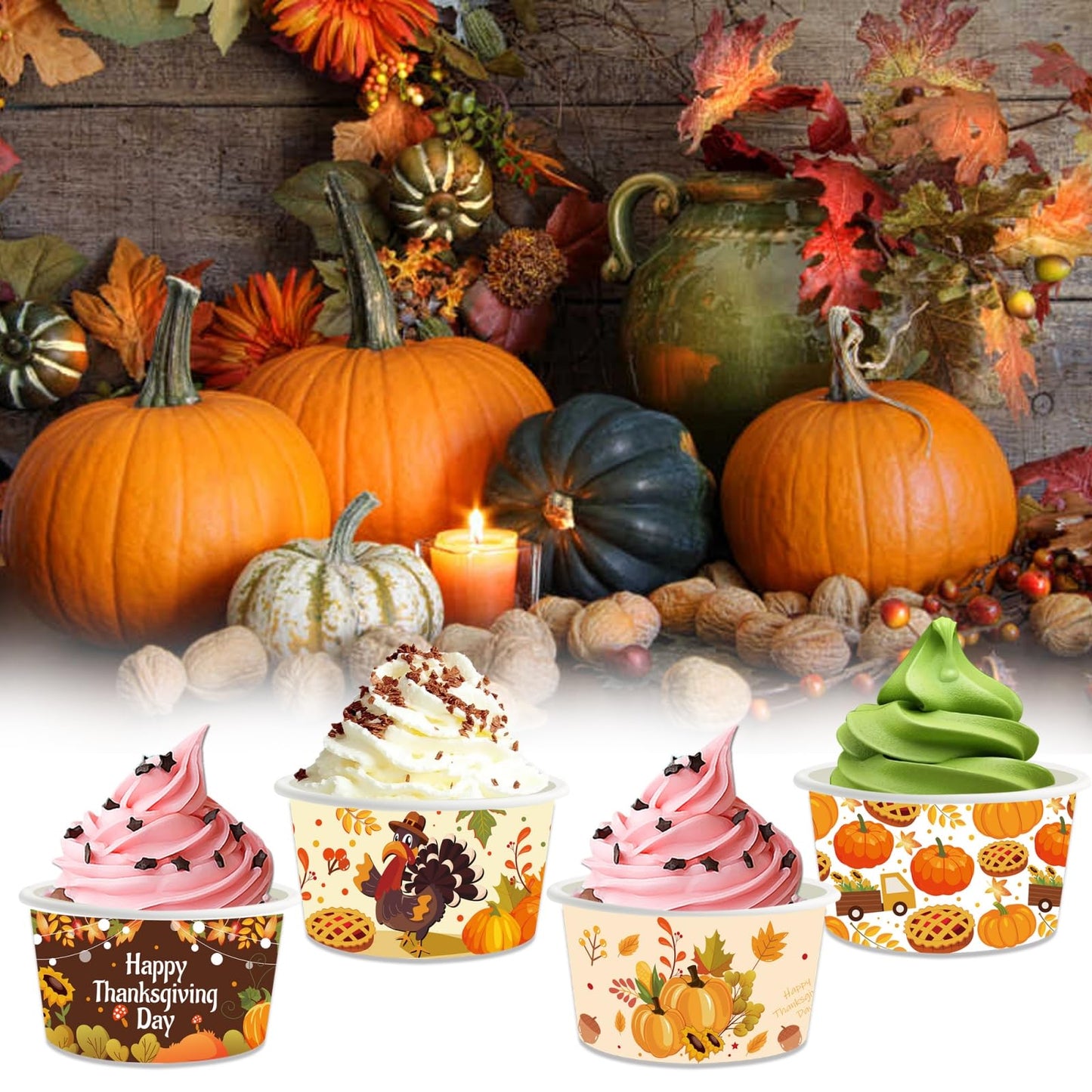 YVAINE 24pcs Thanksgiving Party Treat Snack Cups, Happy Thanksgiving Day Party Disposable Dessert Ice Cream Bowls Turkey Pumpkin Paper Dessert Soup Cup for give Thanks Party Supplies