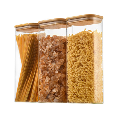 D2scrma 71oz Rectangle Airtight Glass Storage Containers with Bamboo Lids (Set of 3), Square Food Storage Jar, Pantry Organizers for Sugar, Flour, Spaghetti and Coffee beans (‎with Black Lable)