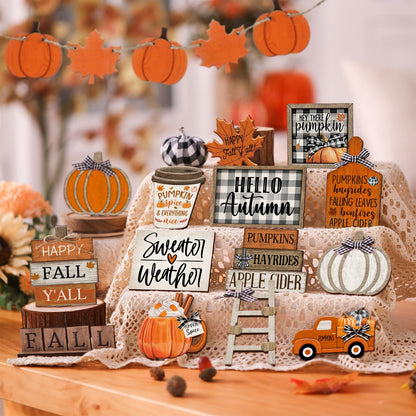 DoubleFill 21 Pcs Fall Thanksgiving Tiered Tray Decoration Set Thanksgiving Table Sign Pumpkins Farmhouse Gnome Maple Leaves Centerpieces Harvest Wood Blocks Signs Fall Block Tabletop for Autumn