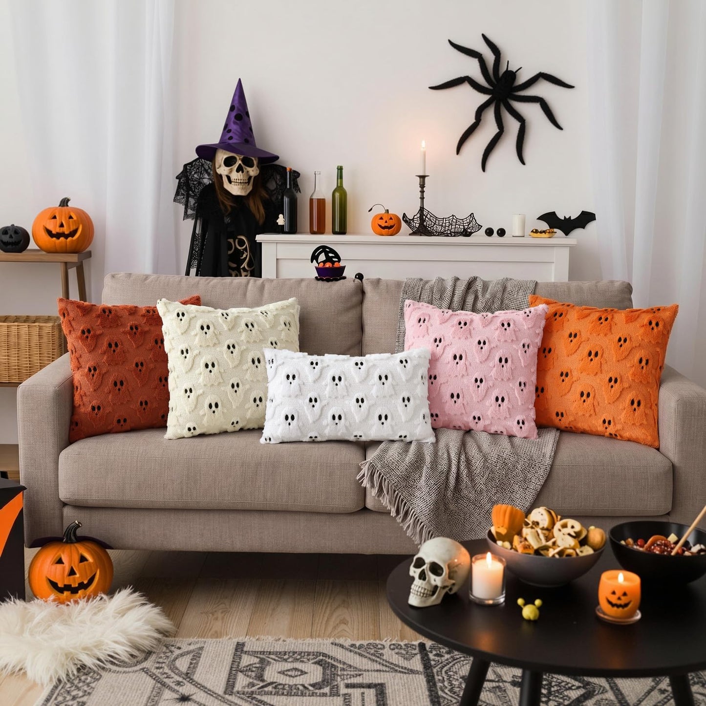 decorUhome Fall Halloween Ghost Pillow Covers 18x18 Inch Pack of 2 Soft Plush Faux Wool Textured Throw Pillow Covers Cute 3D Ghost Decorative Cushion Cases for Couch Sofa Bedroom Home Decor, Beige
