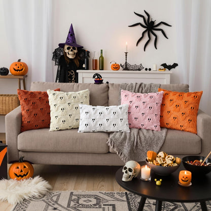 decorUhome Fall Halloween Ghost Pillow Covers 18x18 Inch Pack of 2 Soft Plush Faux Wool Textured Throw Pillow Covers Cute 3D Ghost Decorative Cushion Cases for Couch Sofa Bedroom Home Decor, Orange