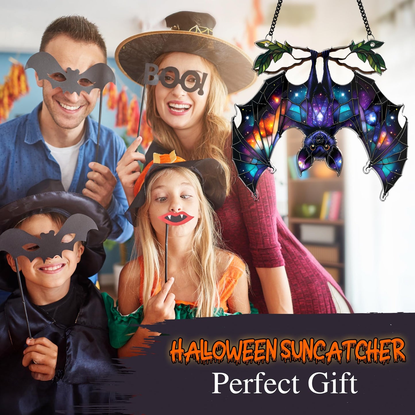 2 Halloween Decorations Bat Raven Acrylic Suncatchers, 6" Window Hanging Bat Gothic Decor, Spooky Raven Halloween Ornament Gifts, Idea Gifts Holiday Keepsake, Scary Home Indoor Outdoor Display SS344