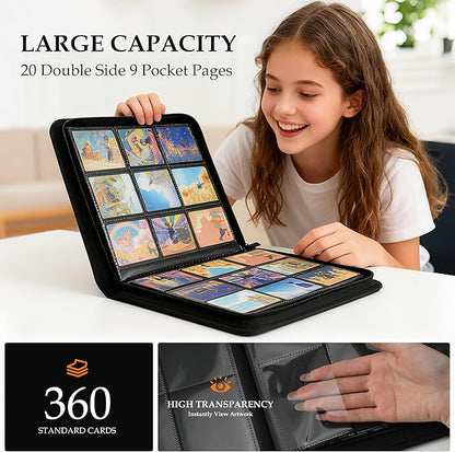 Trading Card Binder 9 Pocket - Premium Card Collection Binder for 360 Cards, Durable Side-Loading Card Album with Zipper, Perfect for TCG, MTG, and Sports Cards, Green