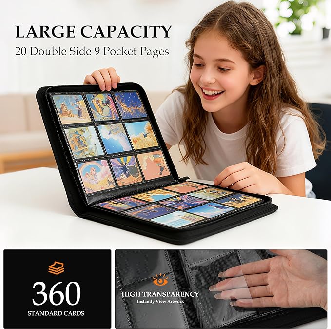 Trading Card Binder 9 Pocket - Premium Card Collection Binder for 360 Cards, Durable Side-Loading Card Album with Zipper, Perfect for TCG, MTG, and Sports Cards, Pink