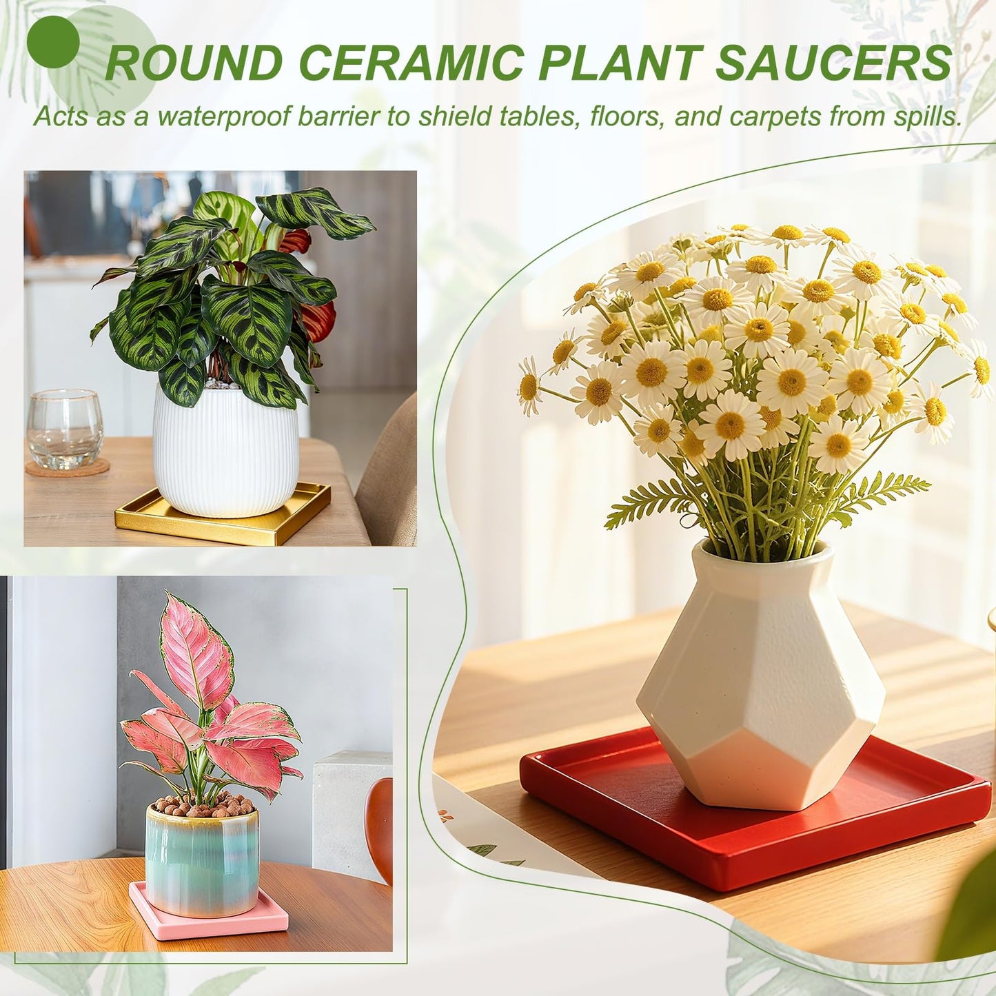 YELARXI 7.5 Inch Ceramic Plant Saucers, Square Flower Planter Water Trays Ceramic Plant Saucer Pot Tray -Fitting for (Outdoor/Indoors/Garden/Planting/Water/Flower/Coffee) Gold