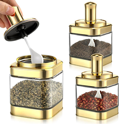 LemonRoad 3 Pack Glass Condiment Pot, 12 Ounce Gold Spice Jars with Spoons and Lids, Seasoning Box Set Salt Container, Sugar Dispense, Kitchen Containers for Flour and Sugar