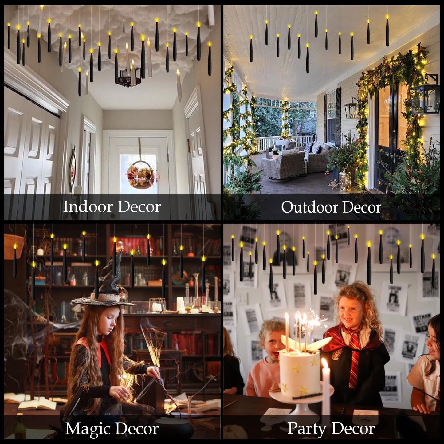 NURADA Floating Candles with Wand Remote Timer - 24 Pcs Magic LED Hanging Flameless Taper Candles Flickering Battery Operated for Birthday Theme Party Holiday Home Halloween Decor - Black