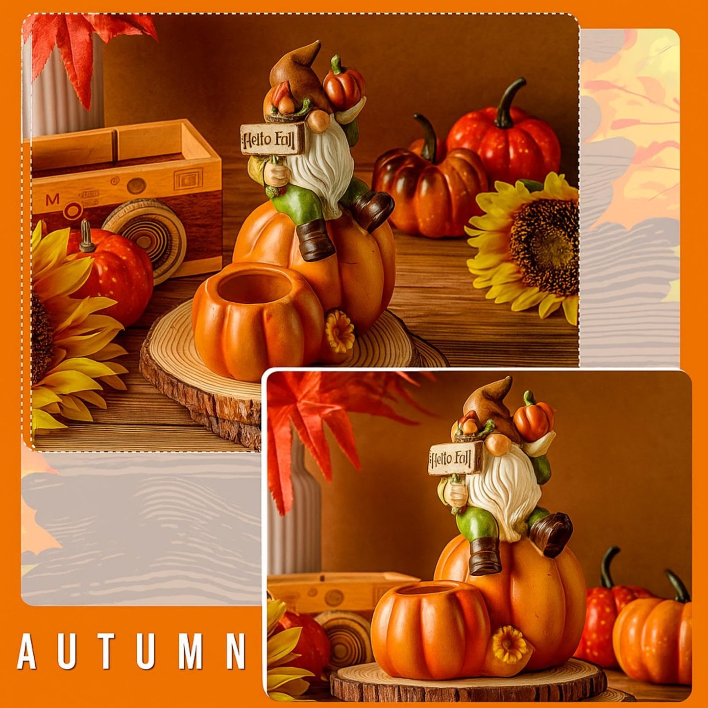 Hotop Fall Pumpkin Gnome Tealight Candle Holder, Thanksgiving Table Centerpiece Resin Figurine, Autumn Harvest Indoor Decor for Mantel Shelf Kitchen Dining Table, 6.5 Inch