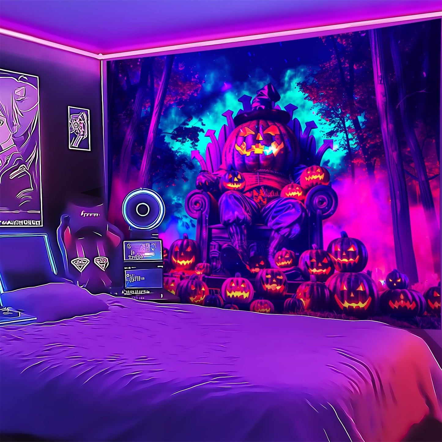 Blacklight Halloween Tapestry Horror Moon Night Scary Cemetery Pumpkin Lantern Halloween Tapestry Wall Hanging Skull Horror Poster Banners for Bedroom Livingroom (Pumpkin-2, 90L" x 70W", Unframed)