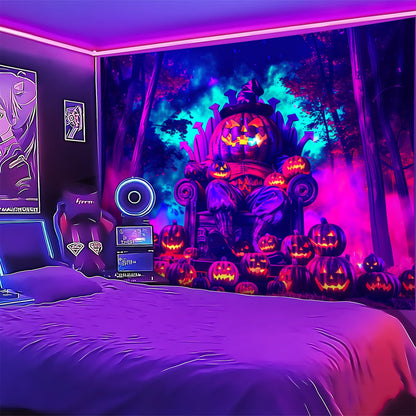 Blacklight Halloween Tapestry Horror Moon Night Scary Cemetery Pumpkin Lantern Halloween Tapestry Wall Hanging Skull Horror Poster Banners for Bedroom Livingroom (Pumpkin-2, 90L" x 70W", Unframed)