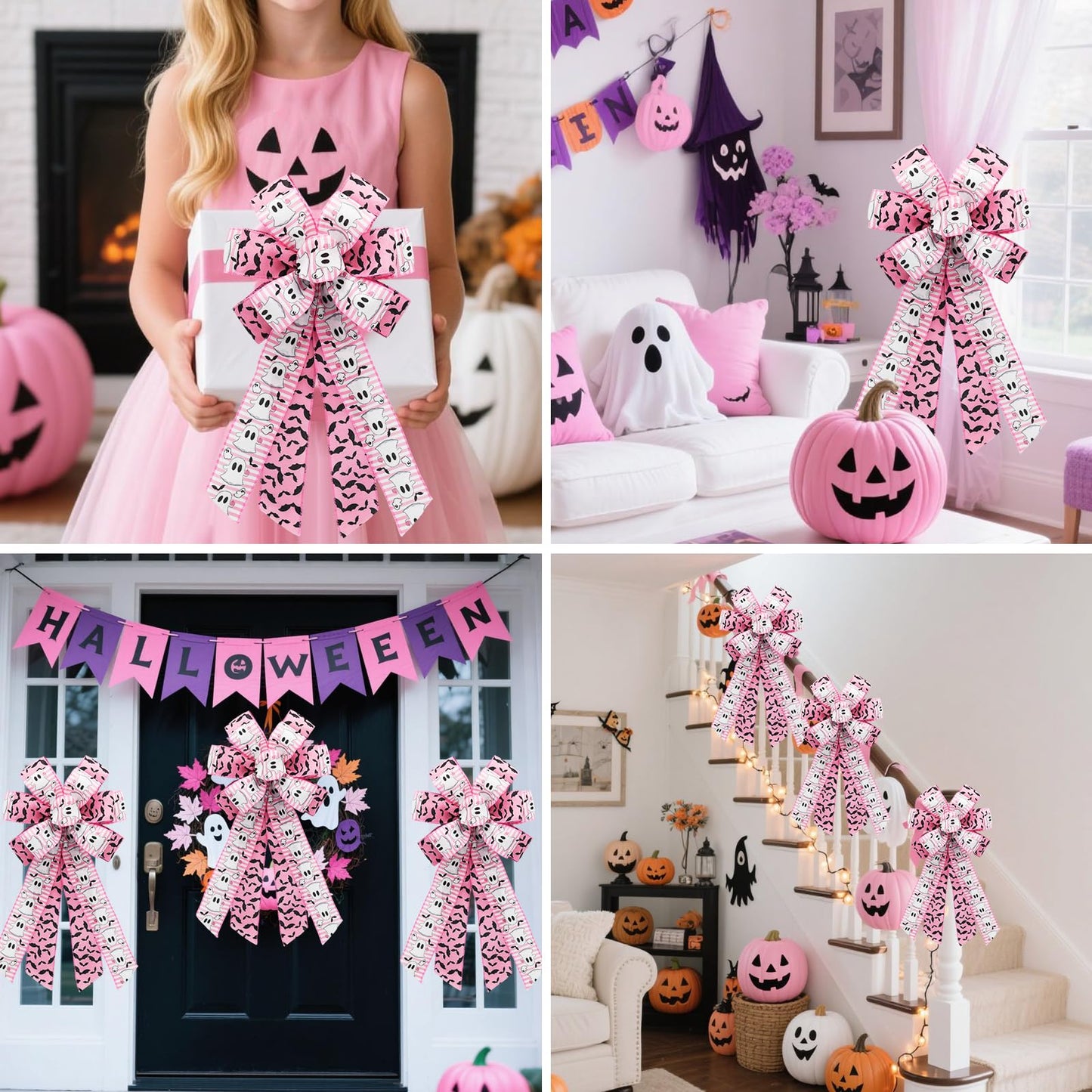 Craflox Pink Halloween Wired Ribbon for Wreath Bows, 4 Rolls, 2.5″ Wide, 20 Yards Total, Pastel Girly Halloween Ghost Wired Ribbons for Crafts Supplies, Pumpkin Cat Ribbon Bow