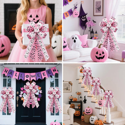 Craflox Pink Halloween Wired Ribbon for Wreath Bows, 4 Rolls, 2.5″ Wide, 20 Yards Total, Pastel Girly Halloween Ghost Wired Ribbons for Crafts Supplies, Pumpkin Cat Ribbon Bow