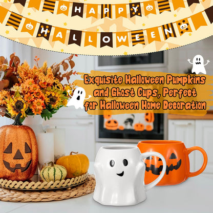 Didaey 4 Pcs 14oz Halloween Pumpkin Mug Ghost Coffee Mug Cute Pumpkin Coffee Cup Halloween Ceramic Cups for Home Decorations
