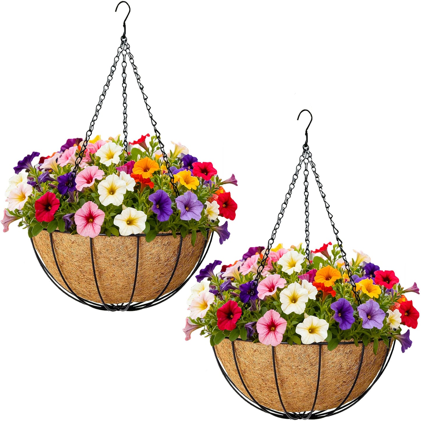 SMYAXUNW 2 Pack Hanging Planters 12 Inch Metal Hanging Planter Basket Flower Pots with Coco Coir Liners Round Wire Plant Holder for Indoor Outdoor Patio Porch Garden Railings Decoration