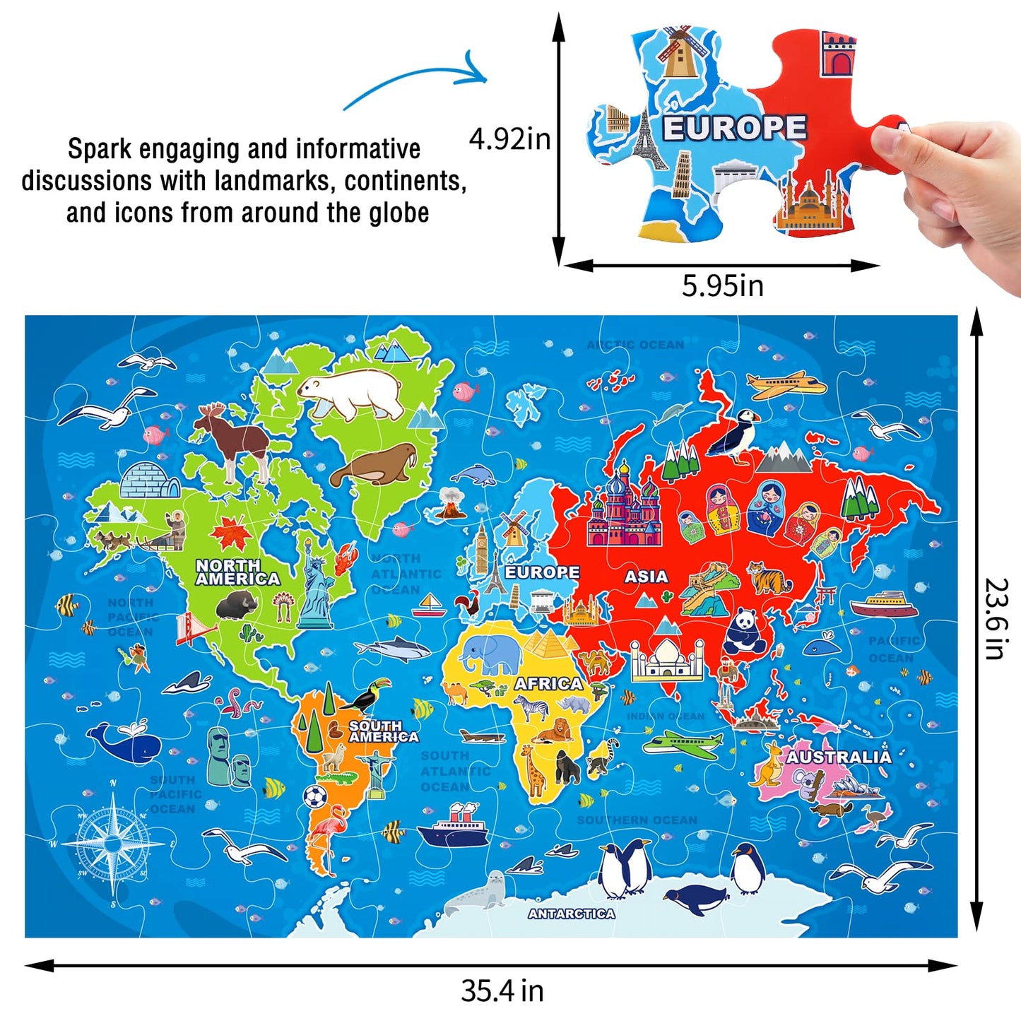 Jumbo Floor Puzzle for Kids,World Map Jigsaw Geography Puzzles,48 Piece Globe Atlas Puzzle with Continents,United States Puzzle for Ages 3-5,Preschool Learning Toys Easter Gift for 4-8 Years Old