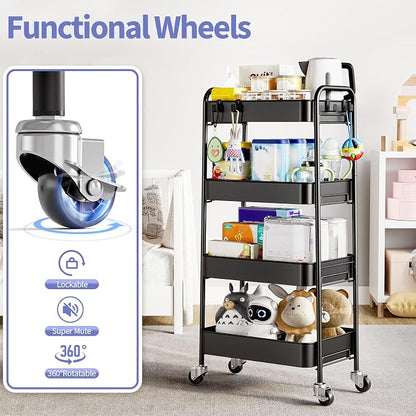 TOOLF 4-Tier Rolling Cart - Metal Storage Organizer with Lockable Wheels, 44 lbs Per Shelf Capacity, Tool-Free Assembly, for Kitchen Bathroom Office Laundry Room Nursery, Black