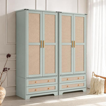 Brafab Armoire Wardrobe Closet with 2 Rattan Doors, 71" Vintage Blue Tall Freestanding Coat Closets with Drawers and Hanging Rail, Wooden Armoires Storage Cabinet with Shelf for Bedroom