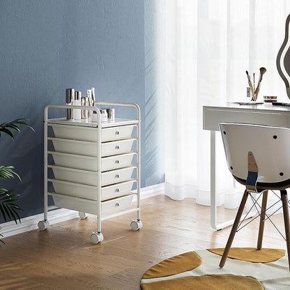 6-Tier Utility Cart with 6 Drawers, Rolling Utility Cart with 2 Lockable Caster Wheels, Multipurpose Mobile Rolling Drawer Cart for Office Bathroom Kitchen, Ivory White