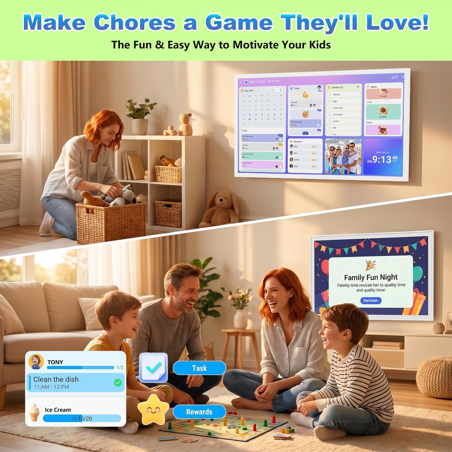 27" Digital Calendar Picture-Frame for-Wall-Planner – Touchscreen Electronic Calendar for Family Meal Schedules, No Subscription, Sync Online Cal, Chore Charts, Star Reward, Wall Mounted, Gift for Dad