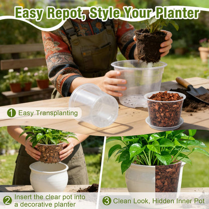 FUOAUYK 12/10/8/6/4 Inch Clear Nursery Pots with Drainage and Saucers, 20 Pack Large Clear Plastic Nursery Pots for Plants, Seedling Plant Pots for Repotting and Growing Plants, Flowers & Vegetables