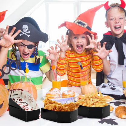 JarThenaAMCS 100Pcs Halloween Coffin Snack Trays Bloody Paper Food Trays Scary Handprint Bat Skull Coffin Boxes for Halloween Trick or Treat Party Food Storage Serving Supplies