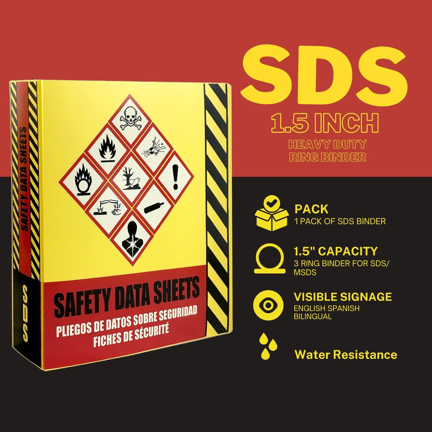 Ring Binder Depot SDS Binder, Heavy Duty 3 Ring Binder with 1.5 in Capacity Holds 250 Pages, Trilingual with EnglishSpanishFrench, Durable and Highly Visible Safety Data Sheets, Yellow