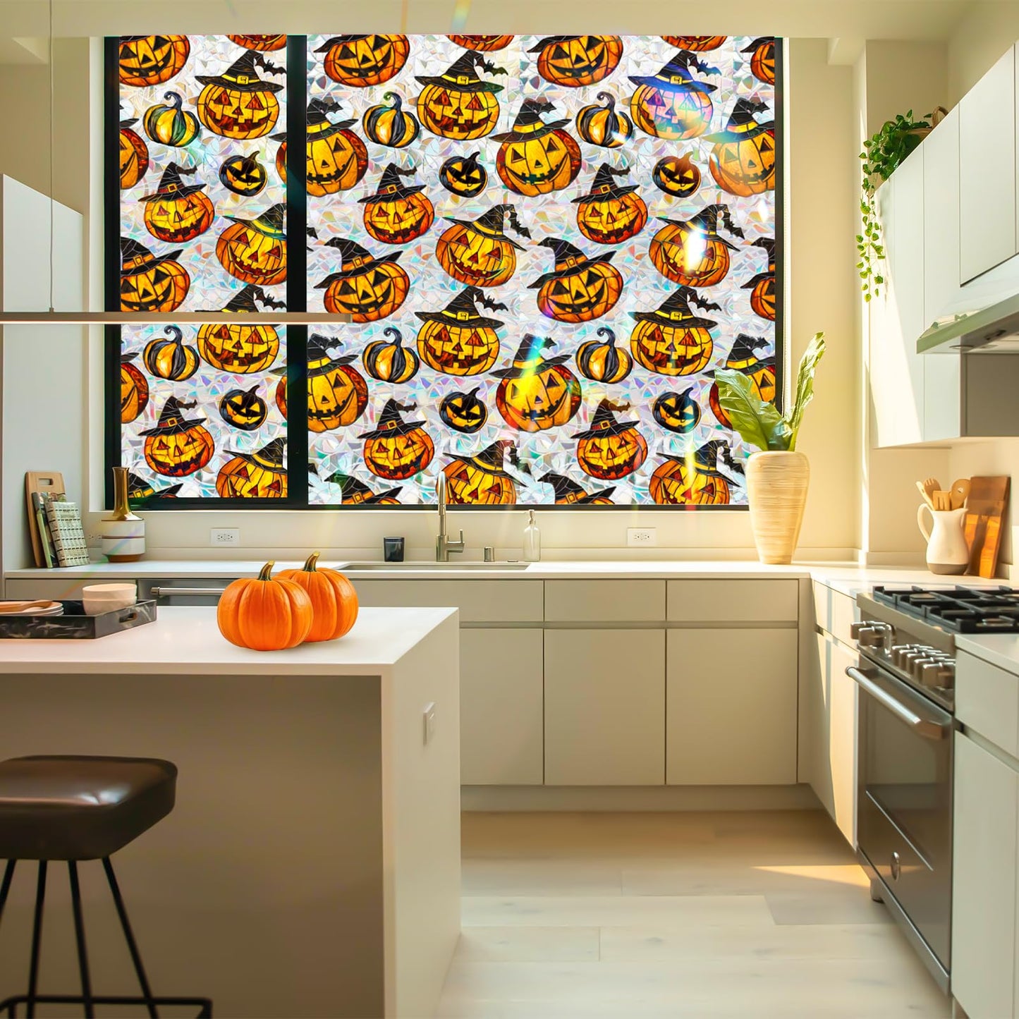 Bloss Halloween Window Clings,Stained Glass Windows Film,Pumpkin Glass Fall Windows Clings, 3D Decorative Privacy Films,Cute Halloween/Thanksgiving Window Stickers for Home Decor, 17x39.4Inch