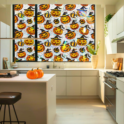 Bloss Halloween Window Clings,Stained Glass Windows Film,Pumpkin Glass Fall Windows Clings, 3D Decorative Privacy Films,Cute Halloween/Thanksgiving Window Stickers for Home Decor, 17x39.4Inch