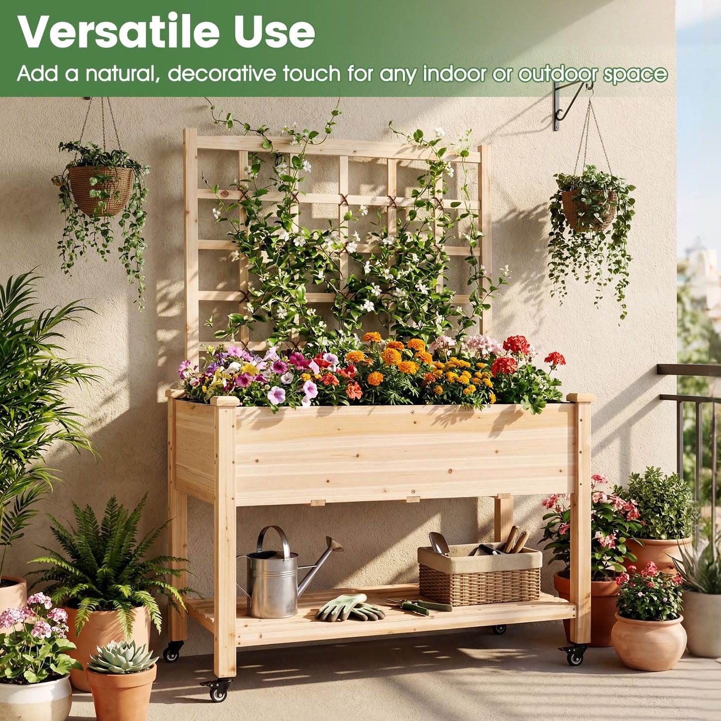 Giantex 65'' Wooden Raised Garden Bed w/Trellis on Wheels, Mobile Elevated Planter Box w/Legs, Liner & Drainage Holes for Climbing Plant Vegetable Herb Flower, Outdoor Garden Box, Backyard Balcony