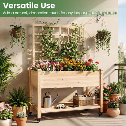 Giantex 65'' Wooden Raised Garden Bed w/Trellis on Wheels, Mobile Elevated Planter Box w/Legs, Liner & Drainage Holes for Climbing Plant Vegetable Herb Flower, Outdoor Garden Box, Backyard Balcony