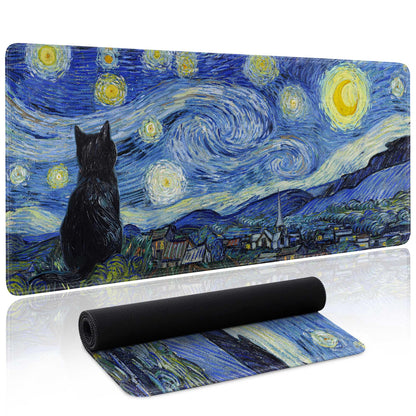 Starry Night Cat Gaming Mouse Pad Large Desk Mat Extended Keyboard Mouse Pad Anime Mousepad with Non-Slip Base and Stitched Edge Mouse Mat Desk Pad 31.5 x 11.8 Mouse Pads for Desk Home Office Gaming
