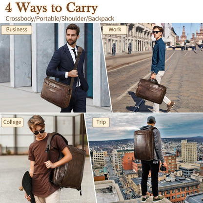 Faux Leather Messenger Bag for Men 17-17.3 Inch: Convertible 3 in 1 Backpack Laptop Bag Briefcase Computer Handbags Shoulder Crossbody Bag with Padded Laptop Sleeve for Work College Travel, PU Coffee