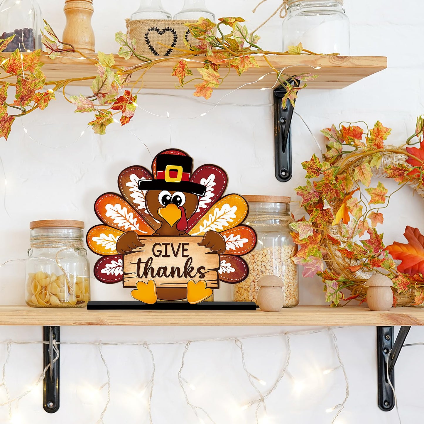 Thanksgiving Decorations Wooden Turkey Table Sign Fall Pumpkin Autumn Table Centerpieces Standing Tabletop Happy Thanksgiving for Holiday Harvest Home Room shelf Farmhouse Decorations Thanks Gives