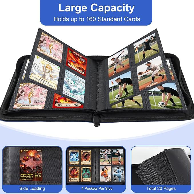 BYSTER 4 Pocket Card Binder, Premium PU Trading Card Binder with Zipper, 160 Capacity Side-Loading Binder for TCG, MTG, Sports Cards, Game Cards, Blue