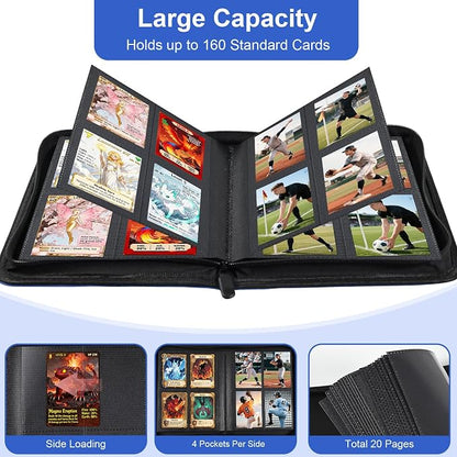 BYSTER 4 Pocket Card Binder, Premium PU Trading Card Binder with Zipper, 160 Capacity Side-Loading Binder for TCG, MTG, Sports Cards, Game Cards, Blue