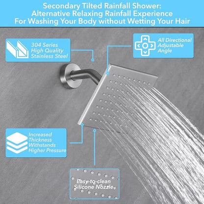 VANFOXLE Shower Faucet Set Brushed Nickel Shower System, Push Button Diverter Shower Faucet with Trim Kit, Ceiling Mount 12 Inch Shower Head Increased Thick, 6 Inch Side Shower Head, 2-in-1 Handheld