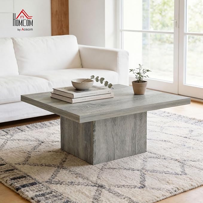 HOMCOM Square Coffee Table, Center Table with 1.6" Thick Tabletop for Living Room, Easy Assembly, 31.5"x31.5", Gray Wood Grain