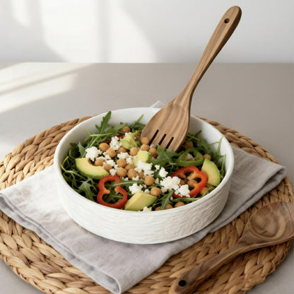 seicasaya 10 Inch Ceramic Salad Bowl with Acacia Wood Serving Spoon and Fork Set High Temperature Fired Stone Texture Large Serving Bowl for Pasta Fruit Popcorn Modern Centerpiece Bowl (White)