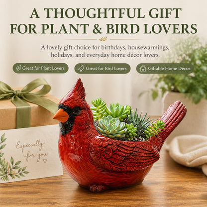 Oulores Cardinal Bird Succulent Planter, Red Resin Decorative Flower Pot for Small Plants, Bird Planter Pot for Desk Windowsill Patio Garden Decor, Gift for Plant & Bird Lovers (Green)