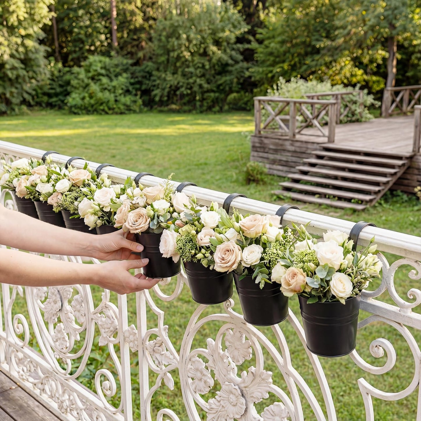HowRU Hanging Flower Pots, Railing Planter Box for Outdoor Plants 12 Pack 5 Inch Metal Hanging Planters with Detachable Hooks Balcony Window Fence Garden Decoration Flower Boxes (Black)