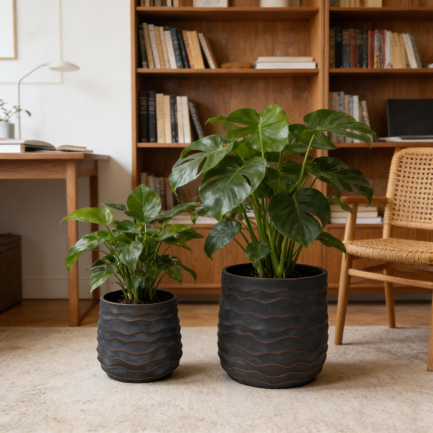 GDFStudio Set of 2 Large Round Planters for Indoor Outdoor Use, Lightweight MGO Flower Pots with Drainage Hole, Textured Modern Plant Pots for Orchid Succulent Patio Balcony Garden, Copper Grey-Blue