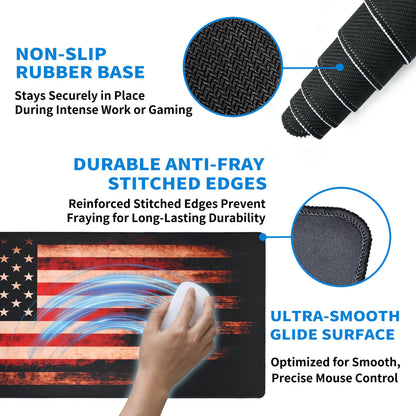 Extended American Flag Desk Mat, XXL Large Gaming Mouse Pad, Vintage Retro Style Stitched Edges Waterproof with Non-Slip Rubber Base for Computer Keyboard Laptop Work Home Office 35.4"x15.7"